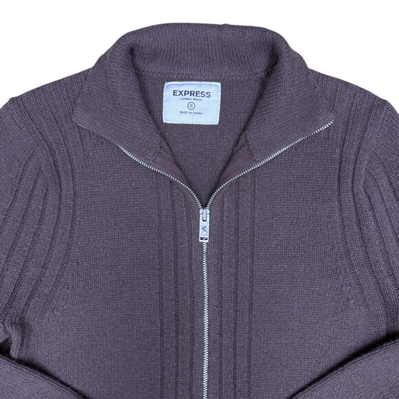 EUC Men's EXPRESS 100% Lambs Wool Full 2-Way‎ Zip Sweater Brown | Size Small - Picture 6 of 11